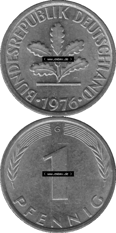 1 Pfennig BRD-Deutschland Umlaufmünze in Graustufen PNG 1950-2001, 1 Pfennig 1976, 1970er Jahre Münzstätte Karlsruhe G-01 Sammlung