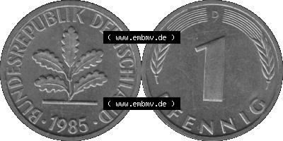 1 Pfennig Umlaufmünze in Graustufen PNG 1950-2001, 1 Pfennig 1985 München D Sammlung
