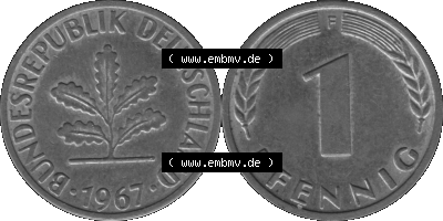 1 Pfennig Umlaufmünze in Graustufen PNG 1950-2001, 1 Pfennig 1967, 1960er Jahre Mzz. F Sammlung