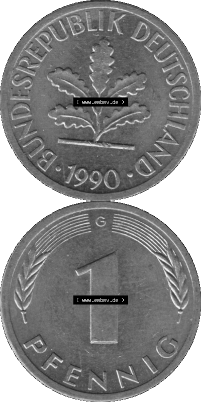 1 Pfennig BRD-Deutschland Umlaufmünze in Graustufen PNG 1950-2001, 1 Pfennig 1990, 1990er Jahre Münzstätte Karlsruhe G-01 Sammlung