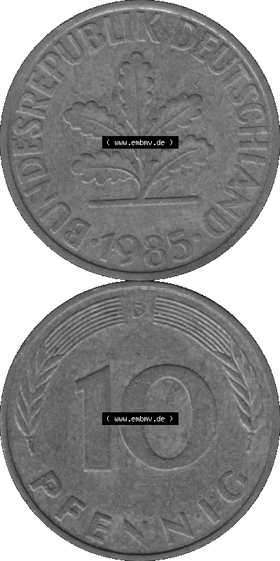 BRD Münzen 10 Pf. Umlaufmünze in PNG 1950-2001, 10 Pfennig 1985 D-01 Graustufen. Graustufen-Bild erstellt aus Farbigen Bild... Sammlung