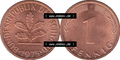 1 Pfennig Umlaufmünze in PNG 1950-2001, 1 Pfennig 1975, 1970er Jahre Stuttgart F, 1 / Ein - Pfennig BRD F, mit Mzz. F für Münzstätte... Sammlung