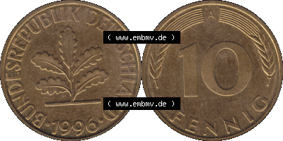 BRD Münzen 10 Pf. Umlaufmünze in PNG 1990-2001, 10 Pfennig 1996 A-01. Vorderseite und Rückseite mit Wert-Zahl auf einen Bild... Sammlung