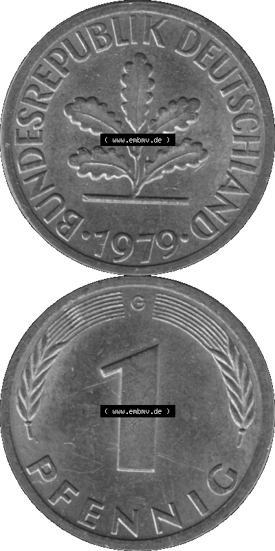 1 Pfennig BRD-Deutschland Umlaufmünze in Graustufen PNG 1950-2001, 1 Pfennig 1979, 1970er Jahre Münzstätte Karlsruhe G-01 Sammlung
