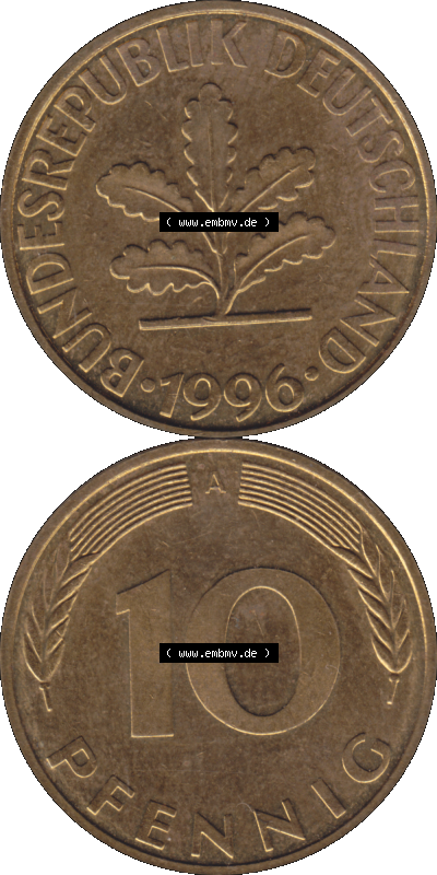 BRD Münzen 10 Pf. Umlaufmünze in PNG 1990-2001, 10 Pfennig 1996 A-01. Vorderseite und Rückseite auf einen Bild / Foto vertikal... Sammlung