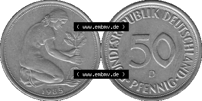 BRD Münzen Deutschland D 50 Pf. Umlaufmünze in Graustufen PNG 1950-2001, 50 Pfennig 1985 Münzzeichen "D" für München - "D" Sammlung