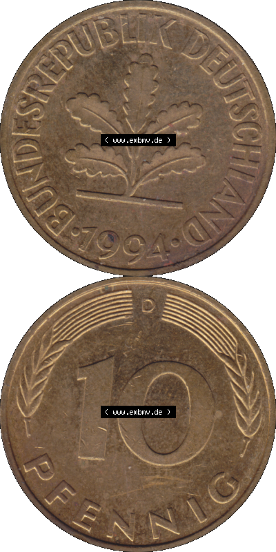 BRD Münzen 10 Pf. Umlaufmünze in PNG 1950-2001, 10 Pfennig 1994 D-03. Vorderseite und Rückseite auf einen Bild / Foto vertikal... Sammlung