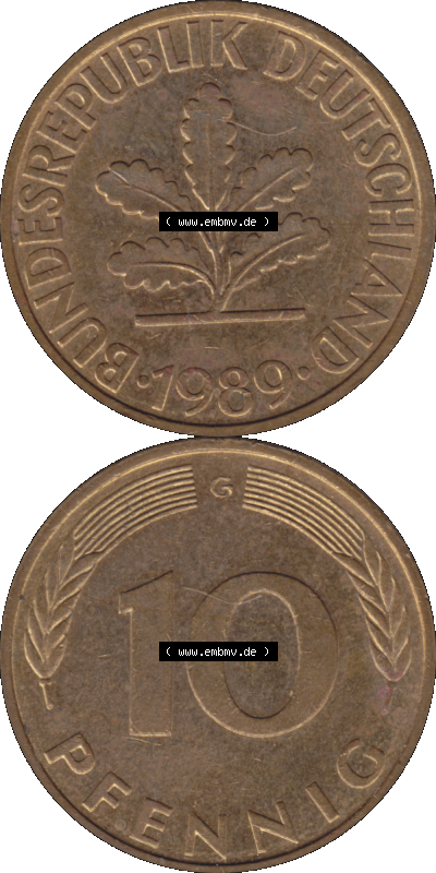 BRD Münzen 10 Pf. Umlaufmünze in PNG 1950-2001, 10 Pfennig 1989 G-10. Vorderseite und Rückseite auf einen Bild / Foto vertikal... Sammlung