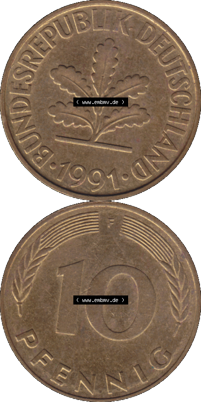 BRD Münzen 10 Pf. Umlaufmünze in PNG 1950-2001, 10 Pfennig 1991 F-01. Vorderseite und Rückseite auf einen Bild / Foto vertikal... Sammlung