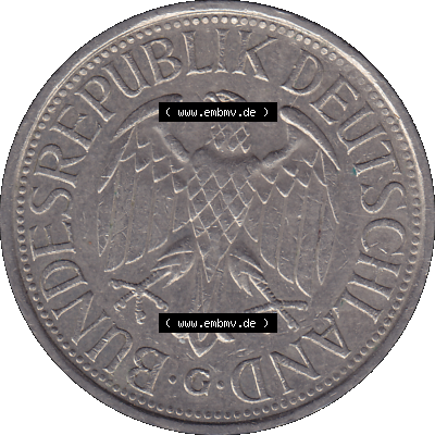 BRD Münzen 1 DM, Umlaufmünze 1950-2001, 1 / Eine DM - Eine Deutsche Mark, 1977 G-1. Vorderseite als transparente PNG-Grafik... Sammlung