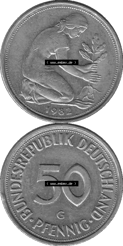 BRD Münzen Deutschland G 50 Pf. Umlaufmünze in Graustufen PNG 1950-2001, 50 Pfennig 1982 Münzzeichen "G" für Karlsruhe - "G" Sammlung
