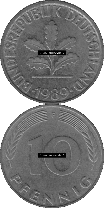 BRD Münzen 10 Pf. Umlaufmünze in PNG 1950-2001, 10 Pfennig 1989 F-02 Graustufen. Graues-Bild aus farbigen Bild erstellt mit... Sammlung