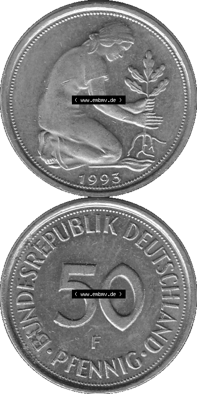 BRD Münzen Deutschland F 50 Pf. Umlaufmünze in Graustufen PNG 1950-2001, 50 Pfennig 1993 Münzzeichen "F" für Stuttgart - "F" Sammlung