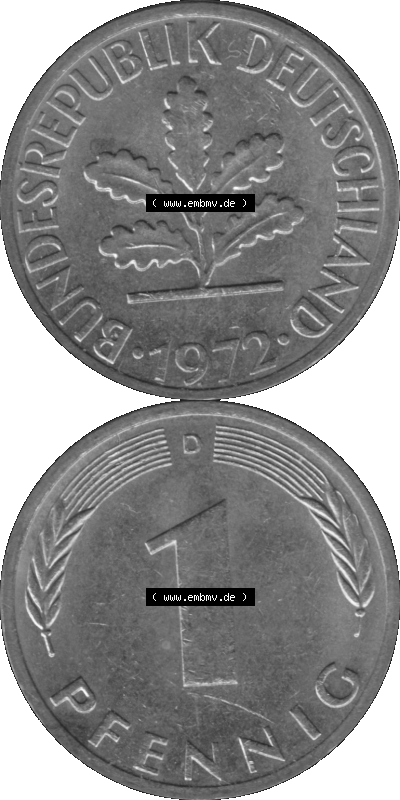 1 Pfennig Umlaufmünze in Graustufen PNG 1950-2001, 1 Pfennig 1972 München D Sammlung