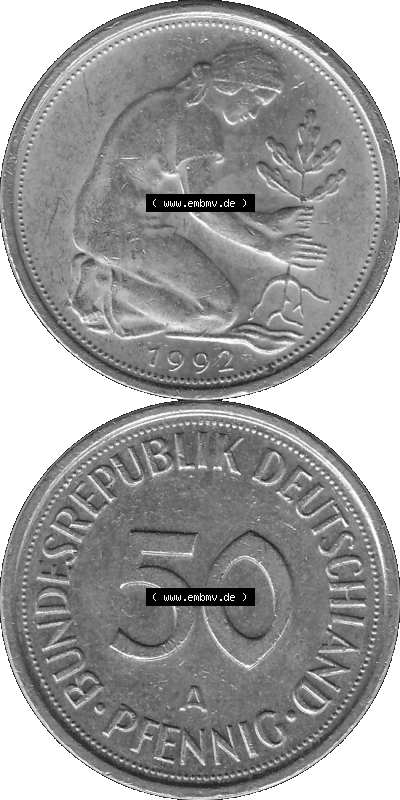 BRD Münzen Deutschland A 50 Pf. Umlaufmünze in Graustufen PNG 1990-2001, 50 Pfennig 1992 Münzzeichen "A" für Berlin - "A" Sammlung