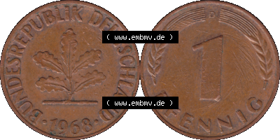 PNG 1950-2001, 1 Pfennig der BRD Deutschland 1968, 1960er Jahre Mzz. München D, 1 - Ein Pfennig Münze "D", mit Mzz. "D" für... Sammlung