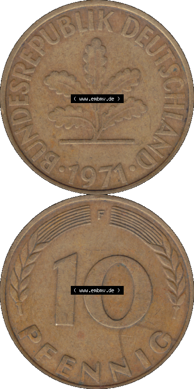 BRD Münzen 10 Pf. Umlaufmünze in PNG 1950-2001, 10 Pfennig 1971 F-01. Vorderseite und Rückseite auf einen Bild / Foto vertikal... Sammlung