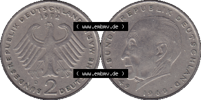 PNG 1969-1987, 2 DM, Deutsche Mark Konrad Adenauer 1972 Münzzeichen München D Sammlung