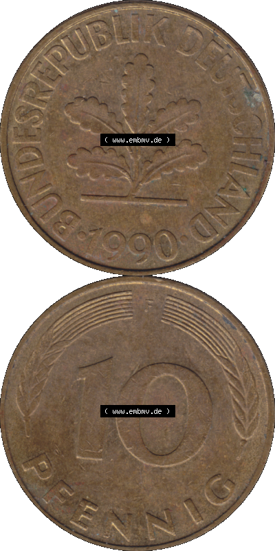 BRD Münzen 10 Pf. Umlaufmünze in PNG 1950-2001, 10 Pfennig 1990 F-01. Vorderseite und Rückseite auf einen Bild / Foto vertikal... Sammlung
