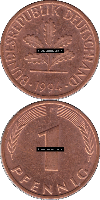 1 Pfennig Umlaufmünze in PNG 1950-2001, 1 Pfennig 1994, 1990er Jahre Stuttgart F Sammlung
