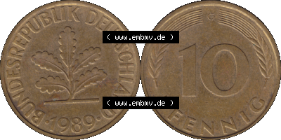 BRD Münzen 10 Pf. Umlaufmünze in PNG 1950-2001, 10 Pfennig 1989 G-01. Vorderseite und Rückseite mit Wert-Zahl auf einen Bild... Sammlung
