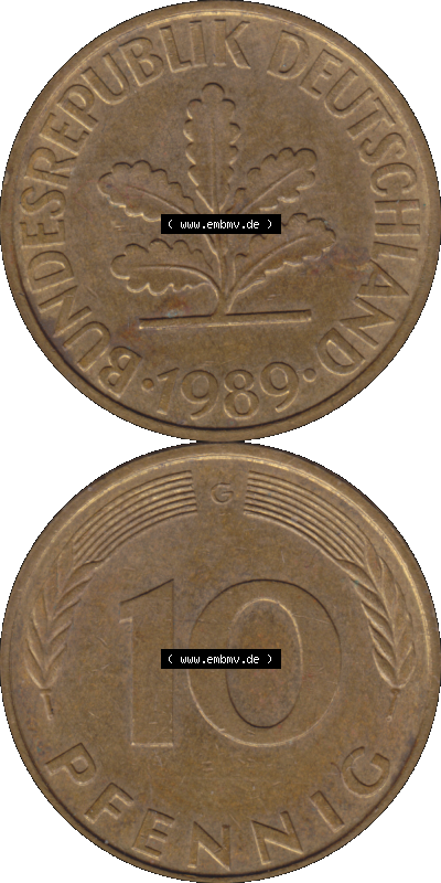 BRD Münzen 10 Pf. Umlaufmünze in PNG 1950-2001, 10 Pfennig 1989 G-01. Vorderseite und Rückseite auf einen Bild / Foto vertikal... Sammlung