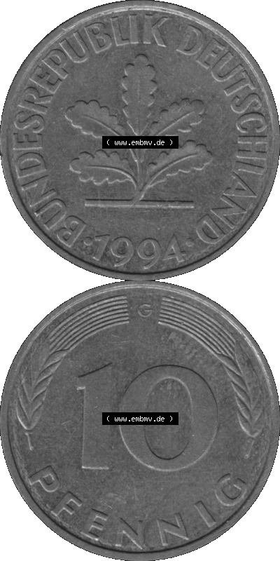 BRD Münzen 10 Pf. Umlaufmünze in PNG 1950-2001, 10 Pfennig 1994 G-12 Graustufen. Graustufen PNG-Bild, erstellt aus farbigen... Sammlung