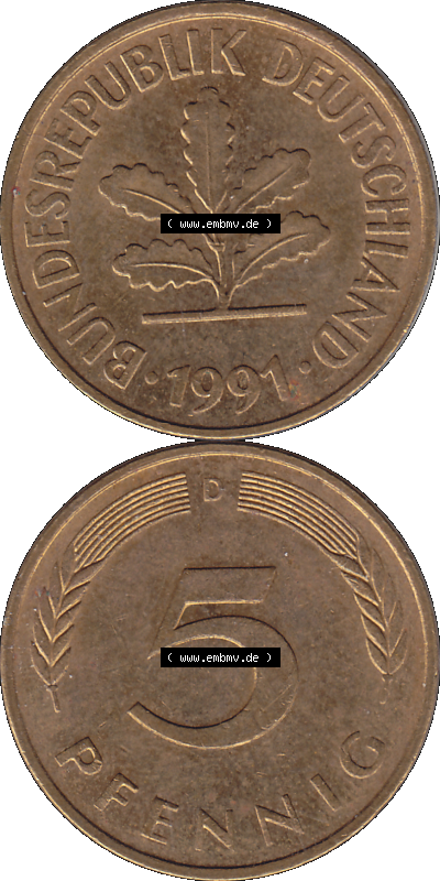 5 Pfennig Deutschland der BRD, 1991 Münzstätte München Mzz. D Sammlung