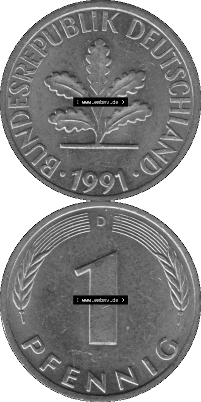 1 Pfennig Umlaufmünze in Graustufen PNG 1950-2001, 1 Pfennig 1991 München D Sammlung