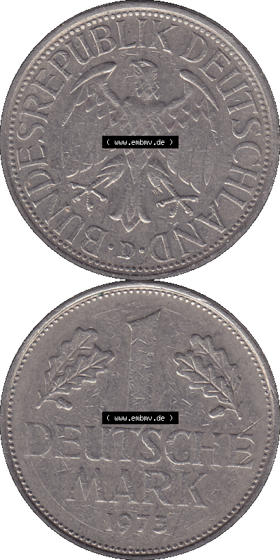 BRD Münzen 1 DM, Umlaufmünze 1950-2001, 1 / Eine DM - Eine Deutsche Mark, 1973 D-1. Münzen-Rückseite und Münzen-Vorderseite... Sammlung