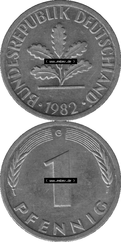 1 Pfennig BRD-Deutschland Umlaufmünze in Graustufen PNG 1950-2001, 1 Pfennig 1982, 1980er Jahre Münzstätte Karlsruhe G-01 Sammlung