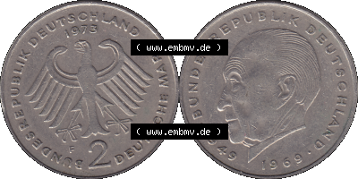 PNG 1969-1987, 2 DM, Deutsche Mark Konrad Adenauer 1973 Münzzeichen Mzz Stuttgart F Sammlung