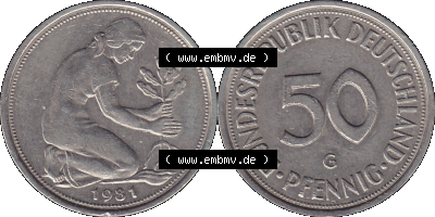PNG 1950-2001, 50 Pfennig BRD Deutschland 1981 Münzstätte Karlsruhe "G" Sammlung