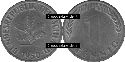 1 Pfennig BRD-Deutschland Umlaufmünze in Graustufen PNG 1950-2001, 1 Pfennig 1950, 1950er Jahre Münzstätte Karlsruhe G-01 Sammlung