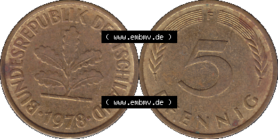 Umlaufmünze Bundesrepublik Deutschland der BRD 1950-2001, 5 Pfennig, 1978 Münzstätte Stuttgart Mzz. F Sammlung