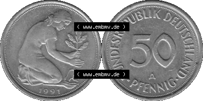 BRD Münzen Deutschland A 50 Pf. Umlaufmünze in Graustufen PNG 1990-2001, 50 Pfennig 1991 Münzzeichen "A" für Berlin - "A" Sammlung
