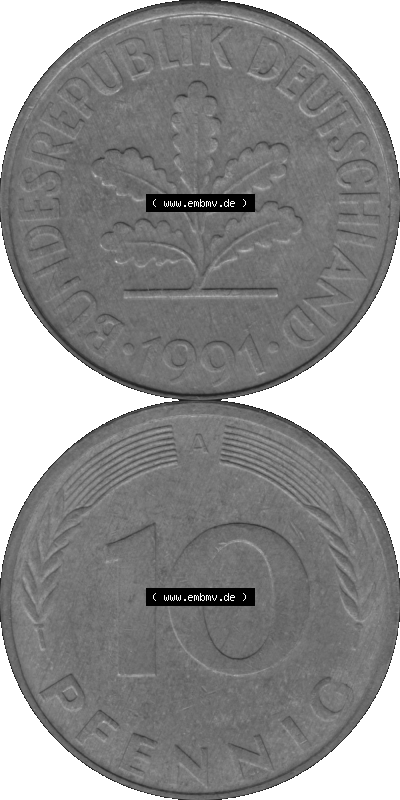BRD Münzen 10 Pf. Umlaufmünze in PNG 1990-2001, 10 Pfennig 1991 A-04 Graustufen. Graustufen-Bilder mit Vorderseite und Rückseite... Sammlung