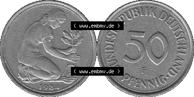 BRD Münzen Deutschland F 50 Pf. Umlaufmünze in Graustufen PNG 1950-2001, 50 Pfennig 1984 Münzzeichen "F" für Stuttgart - "F" Sammlung