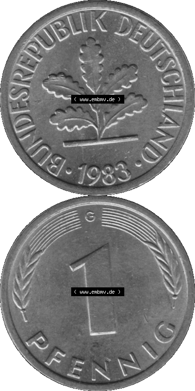 1 Pfennig BRD-Deutschland Umlaufmünze in Graustufen PNG 1950-2001, 1 Pfennig 1983, 1980er Jahre Münzstätte Karlsruhe G-01 Sammlung