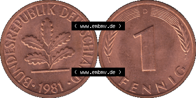 PNG 1950-2001, 1 Pfennig der BRD Deutschland 1981, 1980er Jahre Mzz. München D, 1 - Ein Pfennig Münze "D", mit Mzz. "D" für... Sammlung