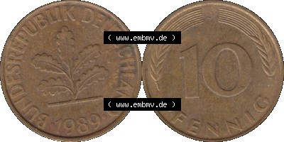 PNG 1950-2001, 10 Pfennig der Bundesrepublik Deutschland 1989 Münzstätte Hamburg Mzz. J Sammlung