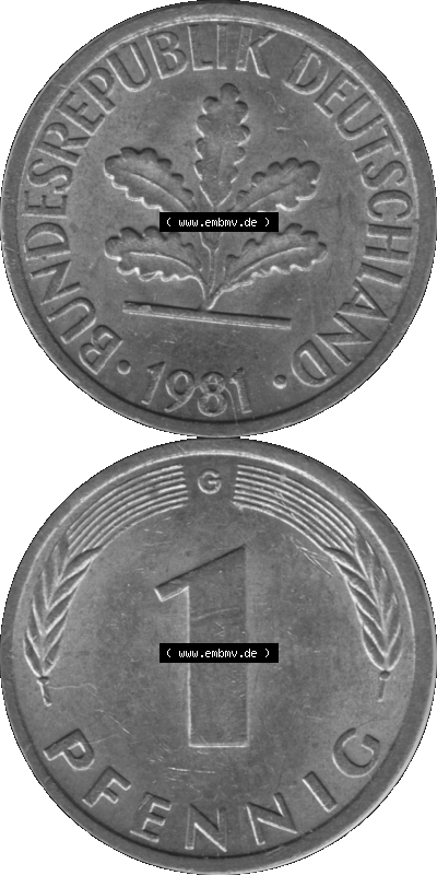 1 Pfennig BRD-Deutschland Umlaufmünze in Graustufen PNG 1950-2001, 1 Pfennig 1981, 1980er Jahre Münzstätte Karlsruhe G-01 Sammlung