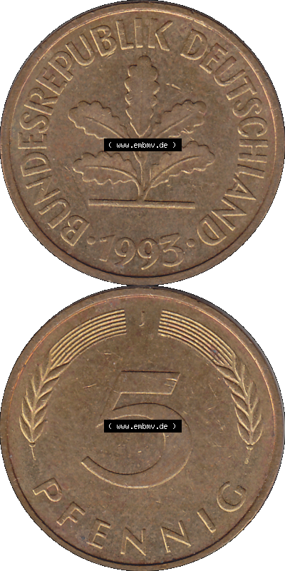 BRD Münzen 5 Pf., Umlaufmünze 1950-2001, 5 Pfennig, 1993 J-01. PNG Computer-Grafik einer digitalisierten 5 Pfennig Münze aus... Sammlung