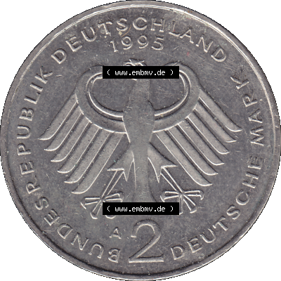 2 DM, Deutsche Mark Deutschland Willy Brandt - Herbert Frahm 1995 Münzzeichen Berlin Mzz. A Sammlung