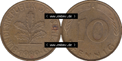 PNG 1950-2001, 10 Pfennig der Bundesrepublik Deutschland 1989 Münzstätte Hamburg Mzz. J Sammlung