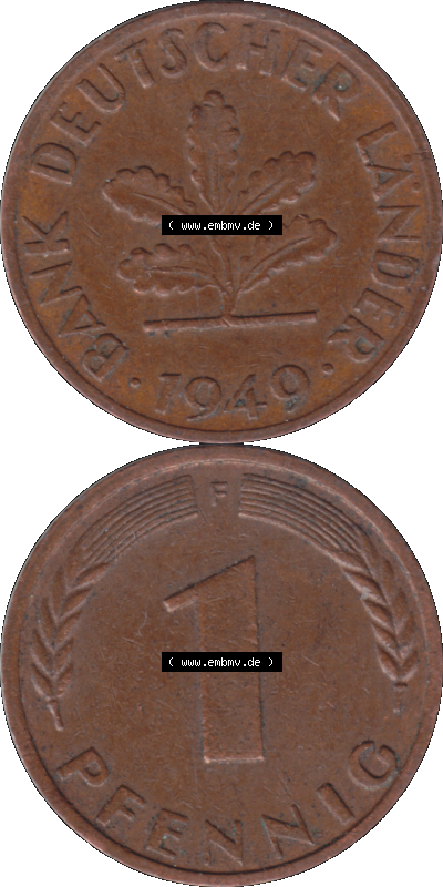 1 Pfennig Umlaufmünze in PNG 1948-1949, 1 Pfennig 1949, 1950er Jahre Stuttgart F, 1 / Ein Pfennig Münze Stuttgart Mzz. F Sammlung