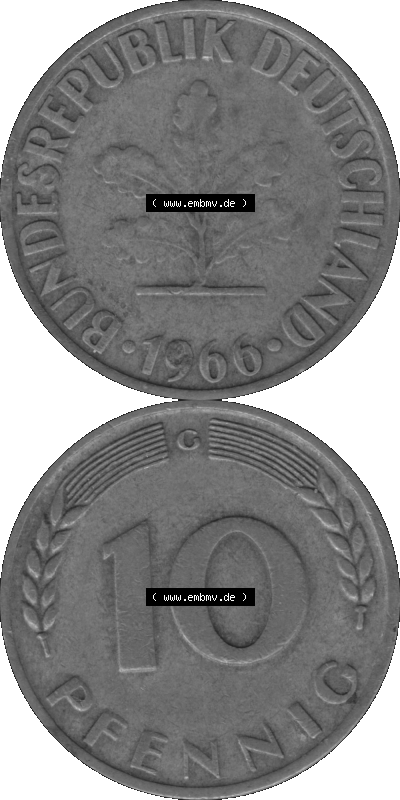 BRD Münzen 10 Pf. Umlaufmünze in PNG 1950-2001, 10 Pfennig 1966 G-01 Graustufen. Graustufen PNG-Bild, erstellt aus farbigen... Sammlung