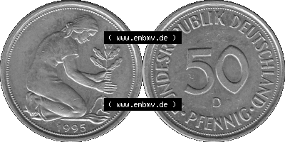 BRD Münzen Deutschland D 50 Pf. Umlaufmünze in Graustufen PNG 1950-2001, 50 Pfennig 1995 Münzzeichen "D" für München - "D" Sammlung