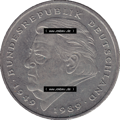 2 DM, Deutsche Mark Franz Josef Strauß 1990 Münzzeichen Karlsruhe G Sammlung