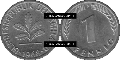 1 Pfennig Umlaufmünze in Graustufen PNG 1950-2001, 1 Pfennig 1968, 1960er Jahre Mzz. F Sammlung